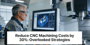 A manufacturing engineer analyzes CNC part design and toolpath simulation on a control panel to optimize for cost and manufacturability.