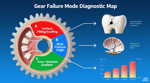 An infographic serving as a diagnostic map, correlating specific locations on a gear cross-section (tooth flank, root, core) with their corresponding failure modes (pitting, fracture, hardness gradient).