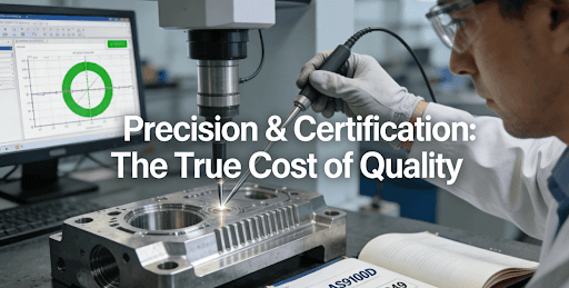 Close-up of a precision machined aerospace component undergoing final quality inspection with a Coordinate Measuring Machine (CMM) in a certified workshop.