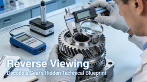 An engineer in a lab uses a magnifying glass with a built-in scale to closely inspect a precision metal gear with slight wear, surrounded by measurement tools.